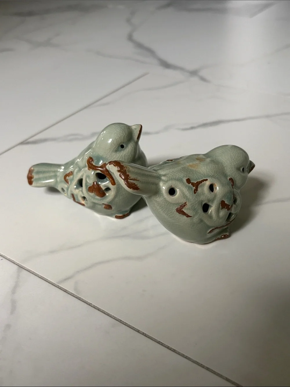 Ceramic Bird Figurine Pair in Pale Sage with Brown Accents